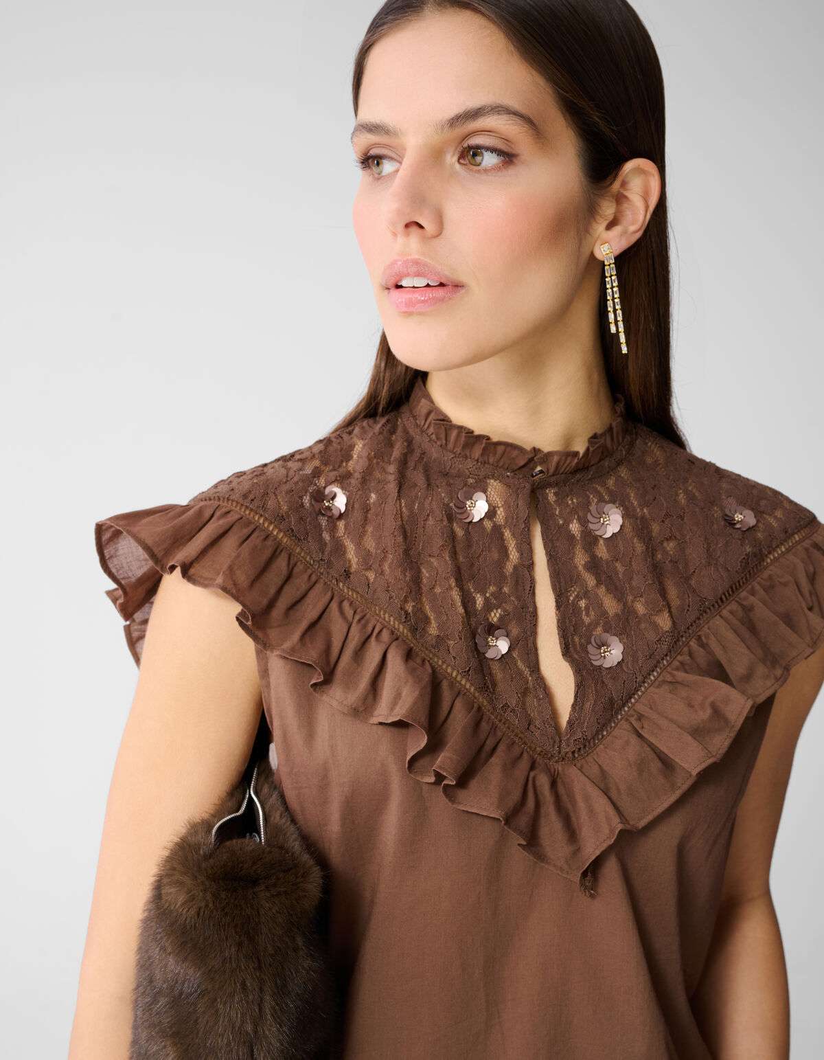 Kanten R&uuml;schen Top Braun SHOEBY WOMEN