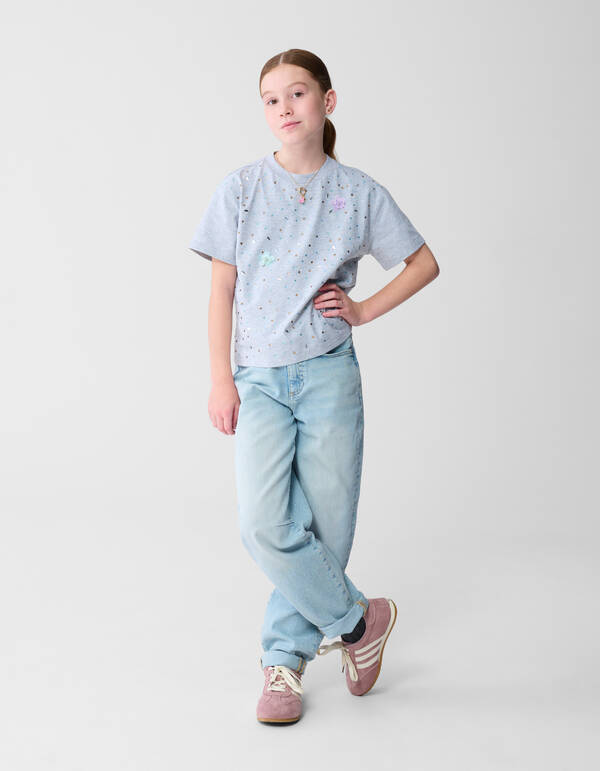 Graues T-Shirt mit Strassblumenmuster SHOEBY GIRLS