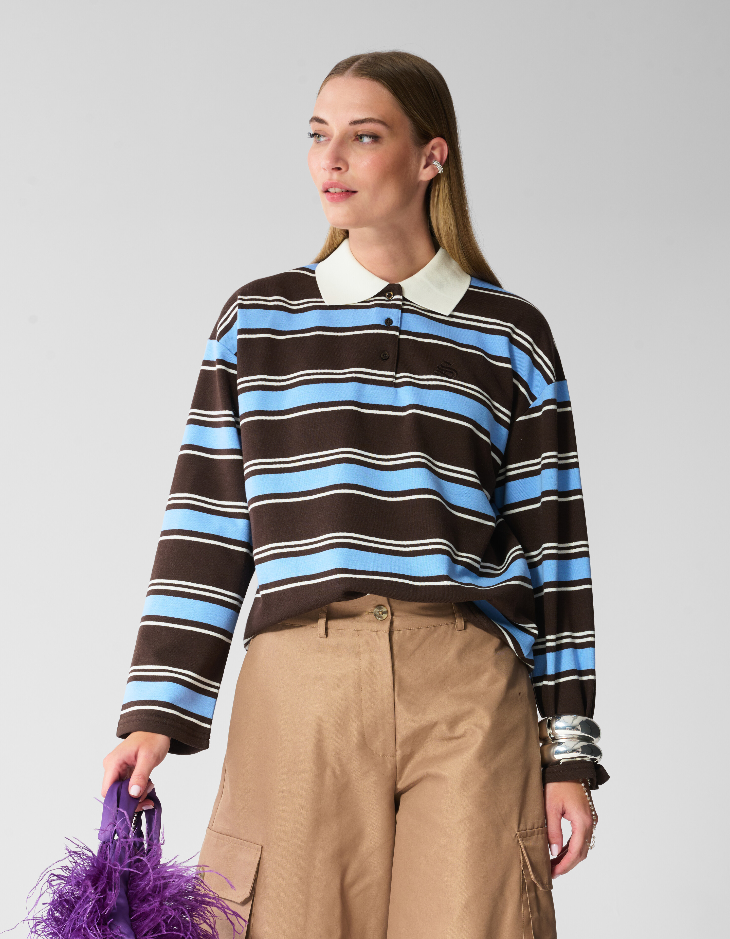 Gestreiftes Polo Longsleeve Dunkelbraun/Blau SHOEBY WOMEN