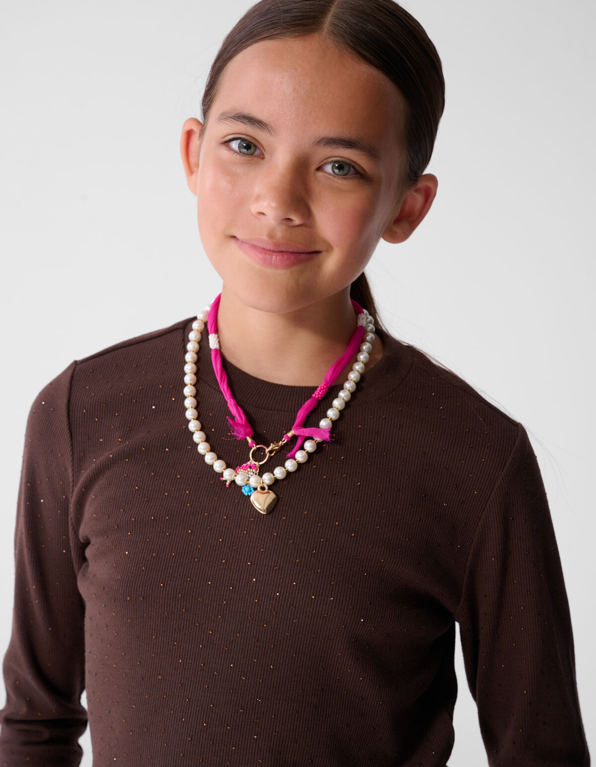 Strass-Rib-Langarm-Top in Dunkelbraun SHOEBY GIRLS