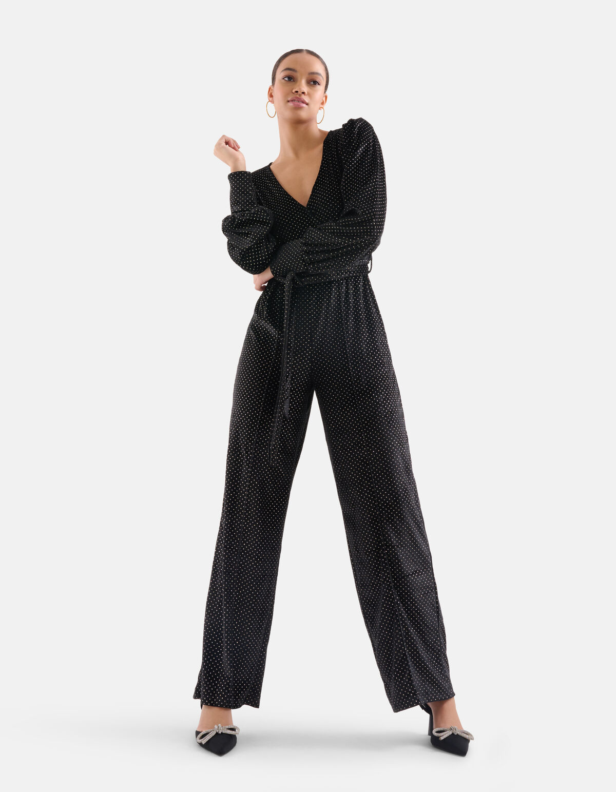 Samt Jumpsuit mit Strasssteinen Schwarz EKSEPT