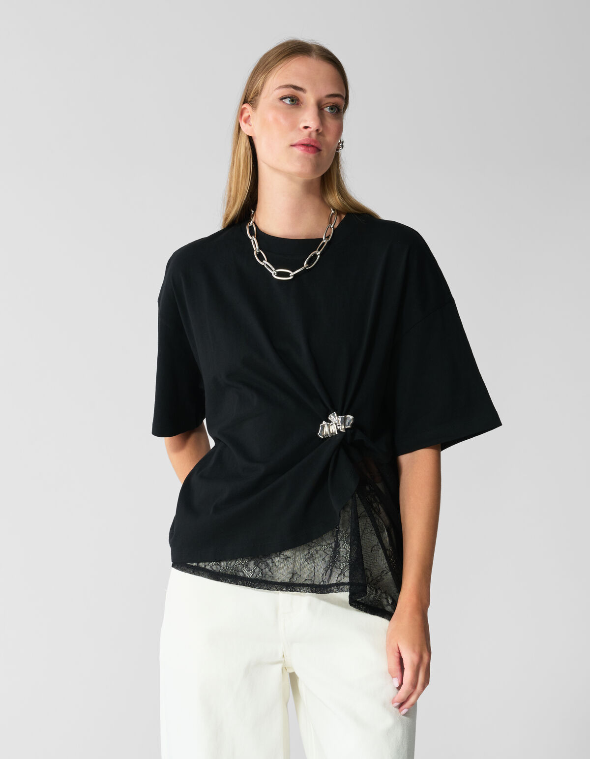 T-Shirt mit Spitzeneinsatz Schwarz SHOEBY WOMEN