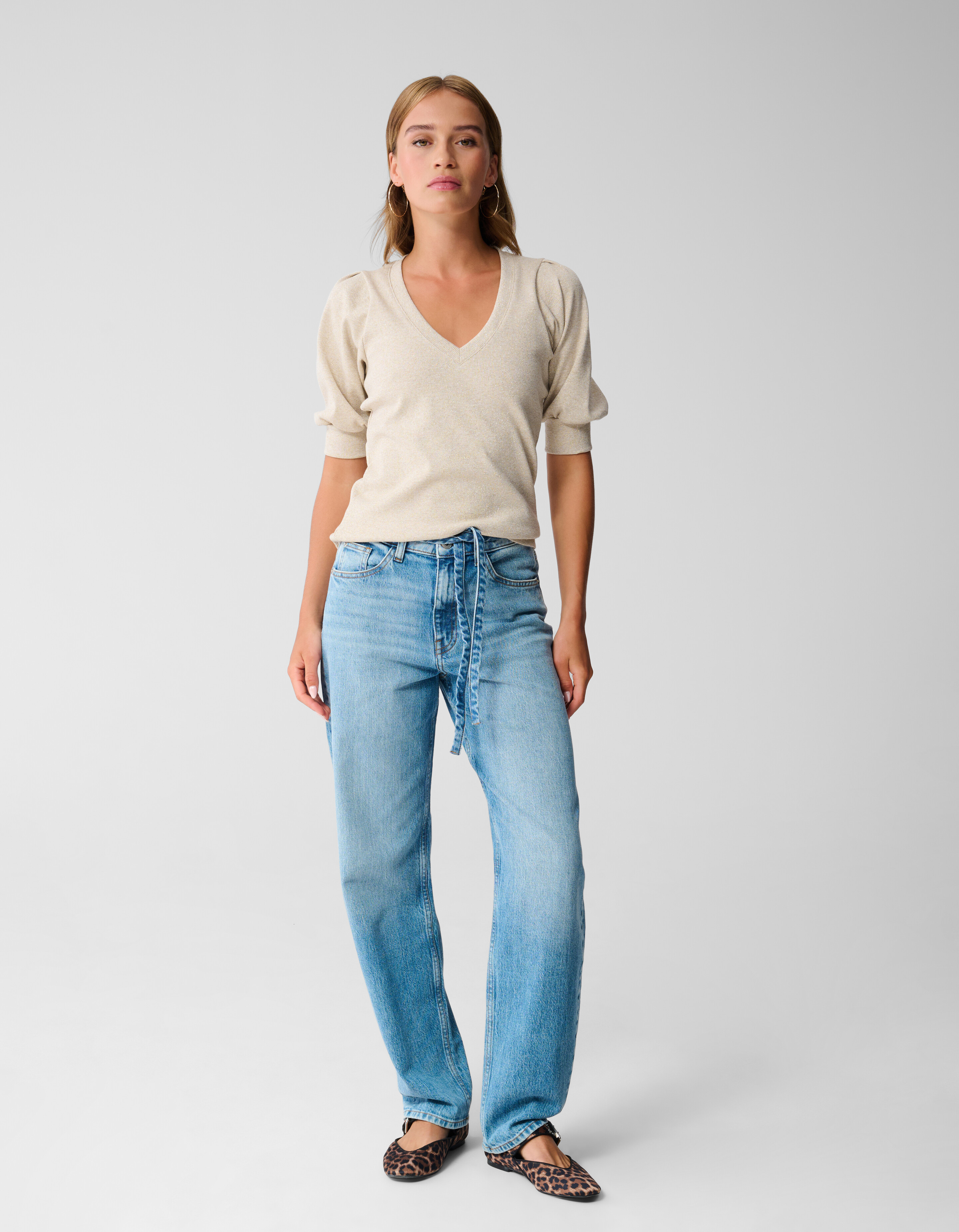 Puff-V-Ausschnitt-Top Beige SHOEBY WOMEN