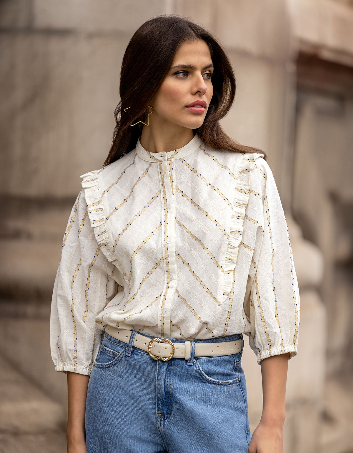 Jacquard-Bluse mit Rüschen Off White SHOEBY WOMEN