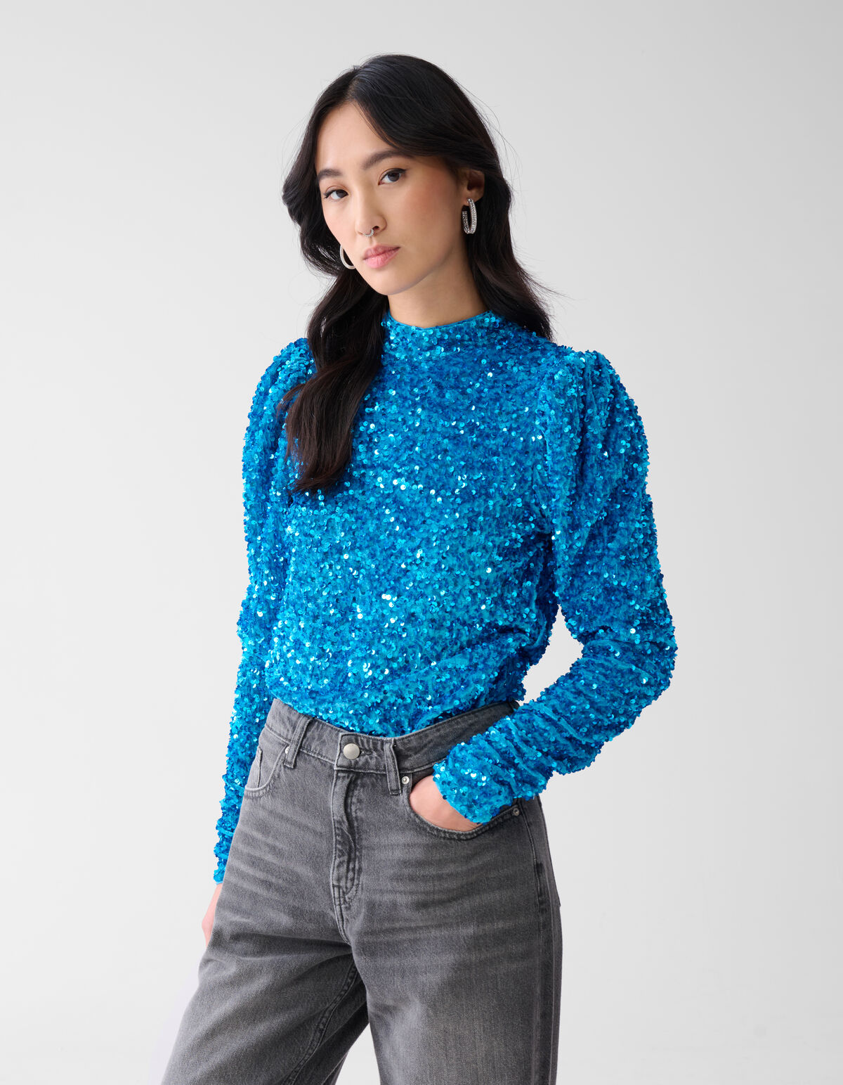 Samt-Pailletten-Top Blau SHOEBY WOMEN