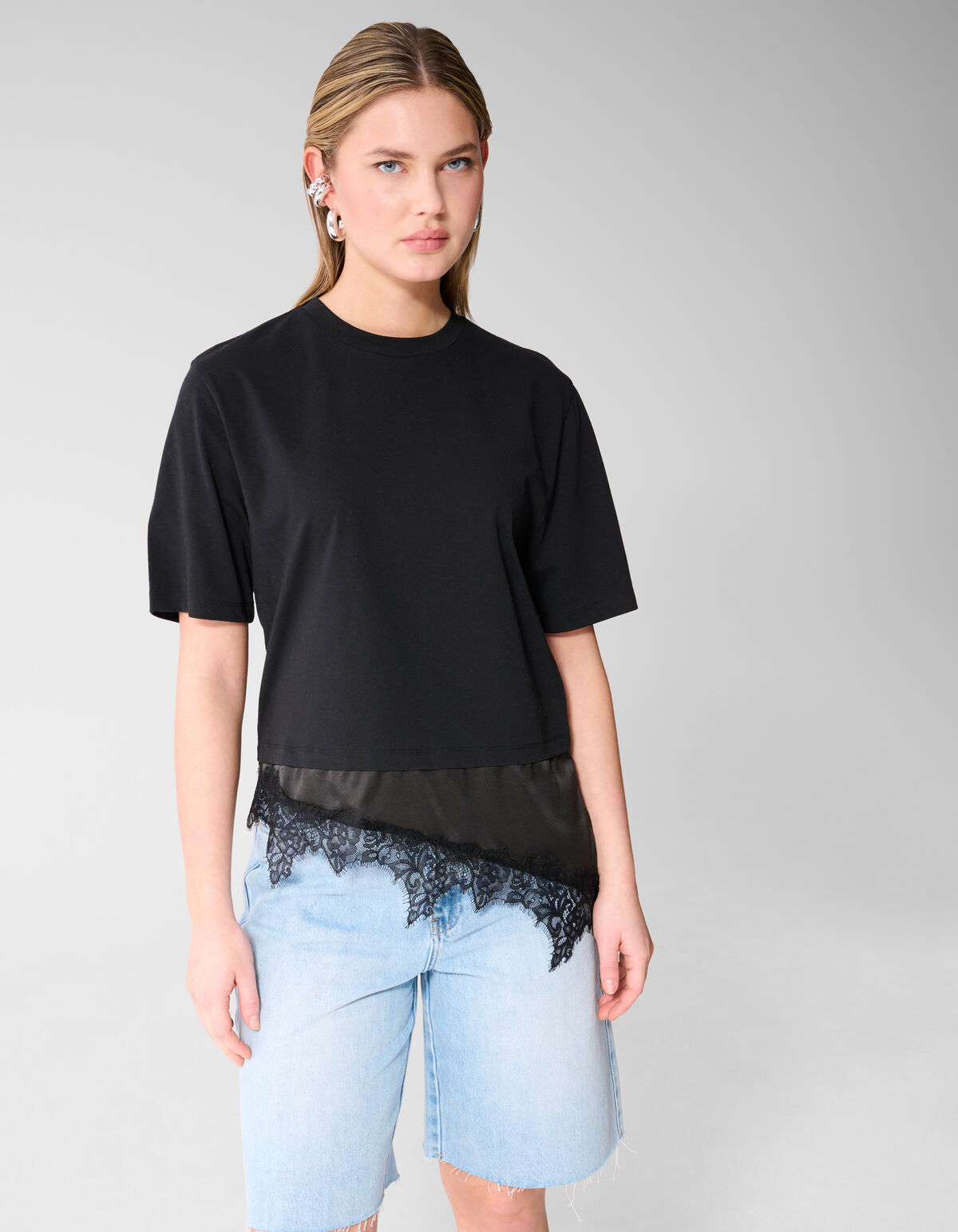 Kanten Satinen T-Shirt Schwarz SHOEBY WOMEN