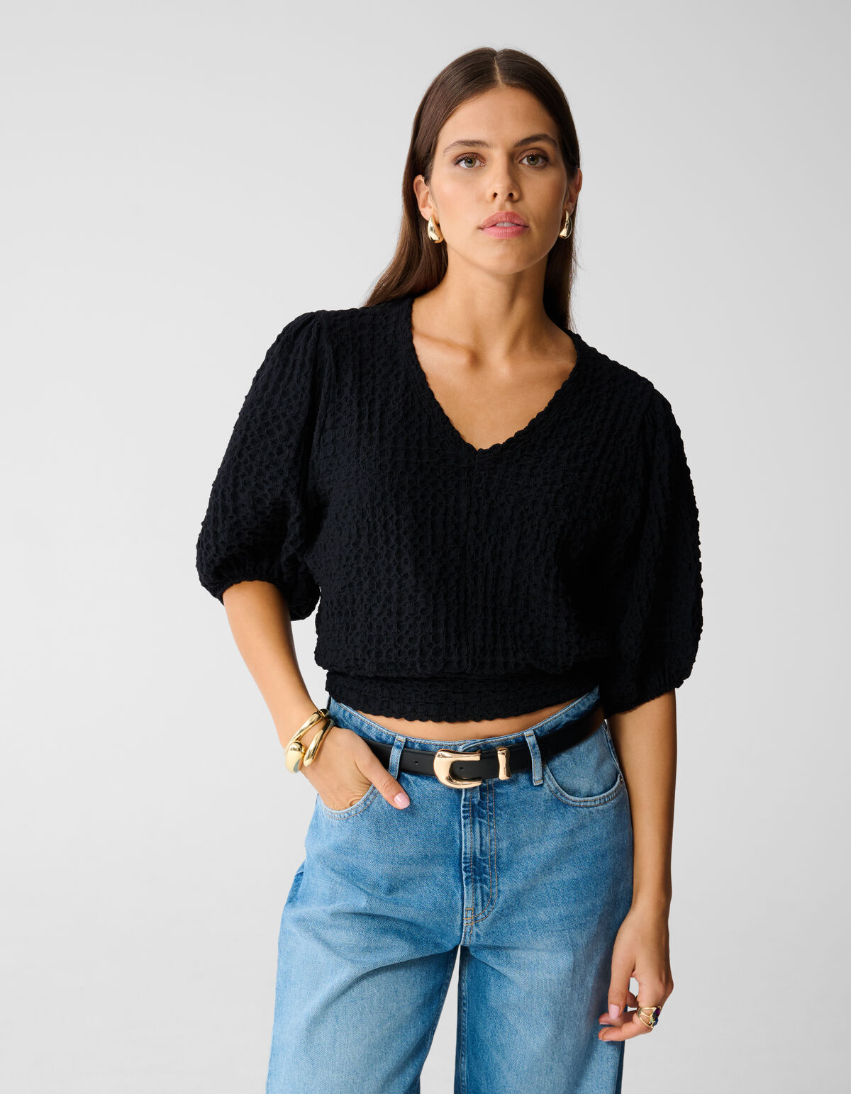 Tailliertes Crinkle Top Schwarz SHOEBY WOMEN