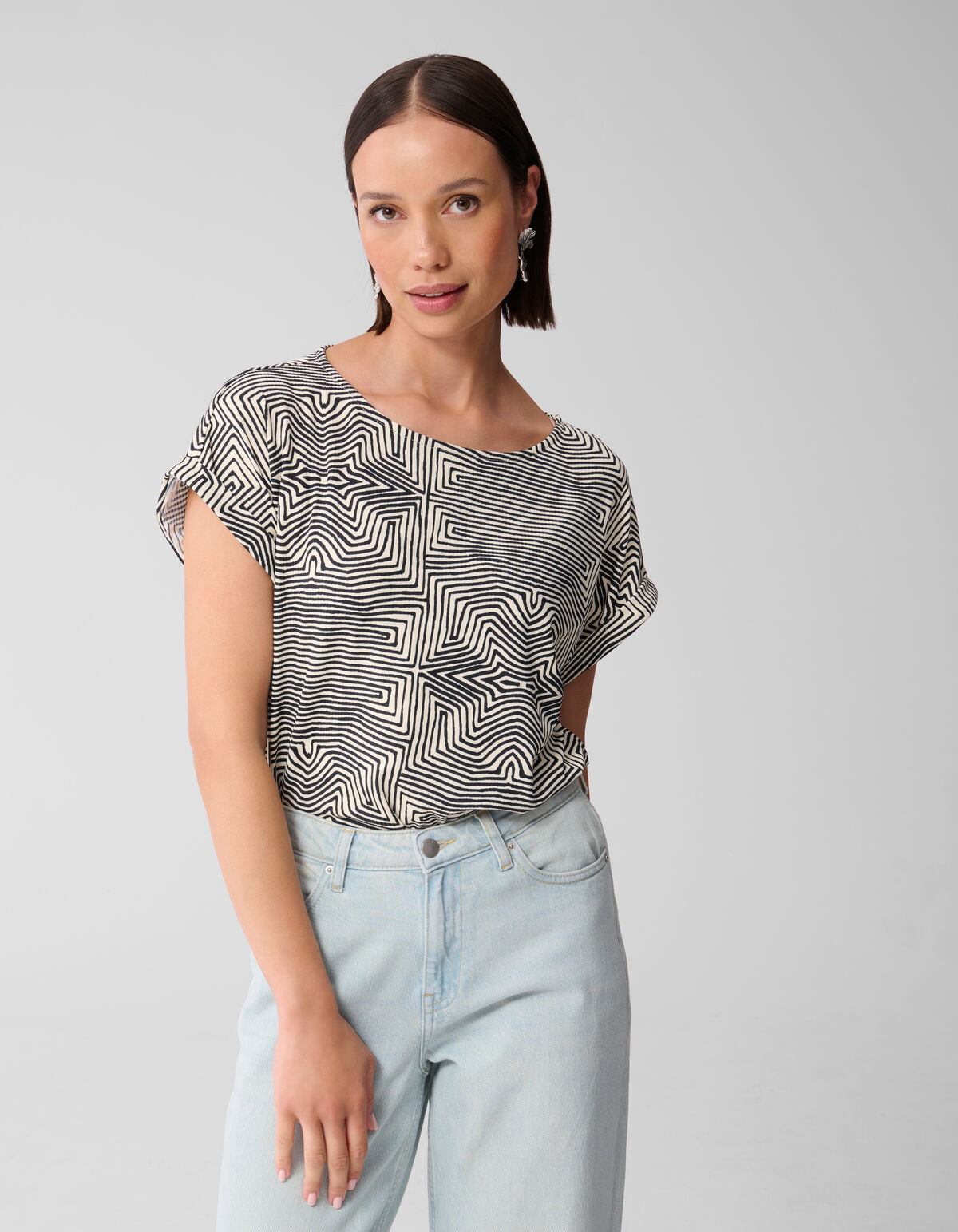 Bedrucktes Jersey-Rippen-Top Schwarz/Weiß SHOEBY WOMEN