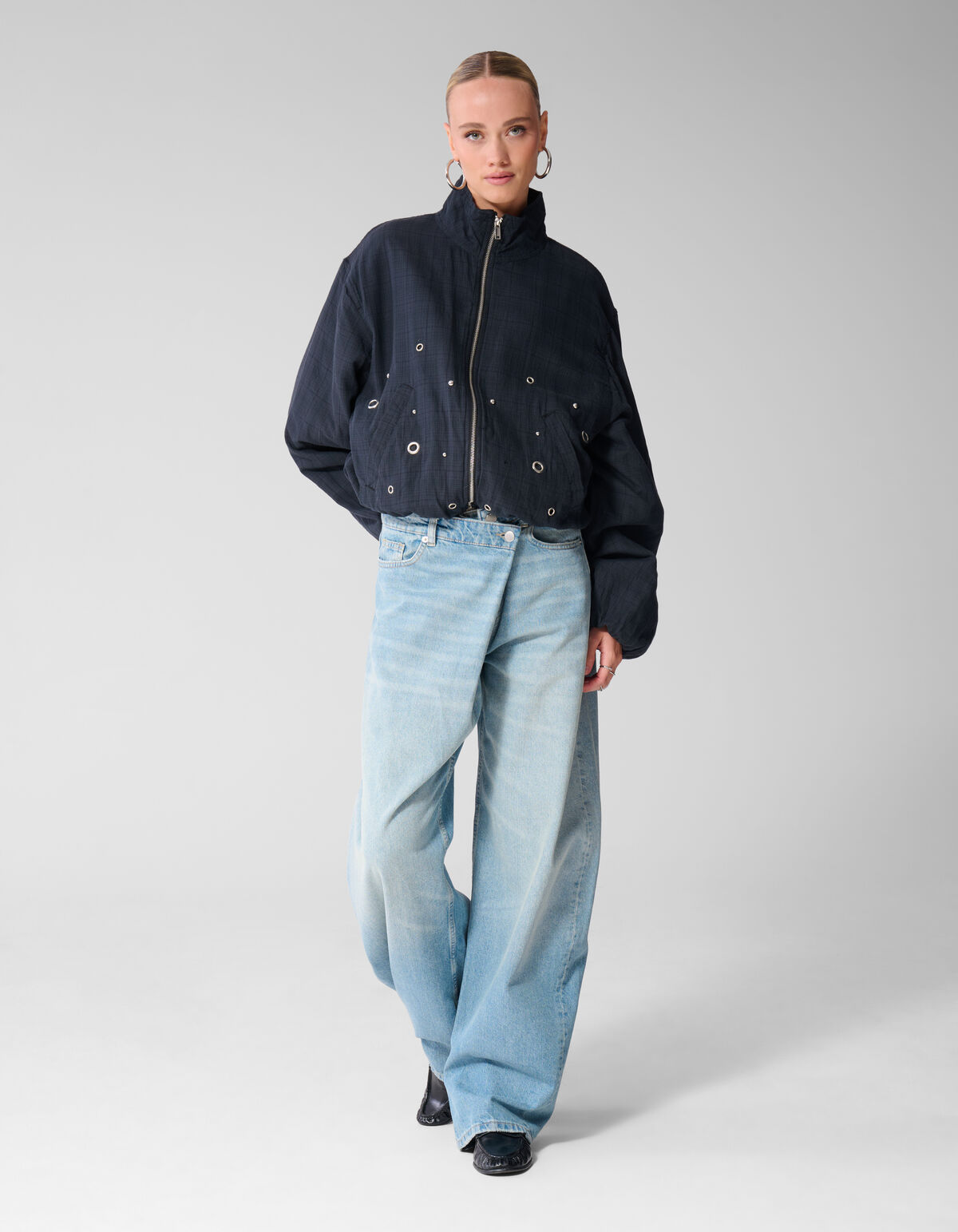 Cropped Bomberjacke mit Karomuster Dunkelblau SHOEBY WOMEN