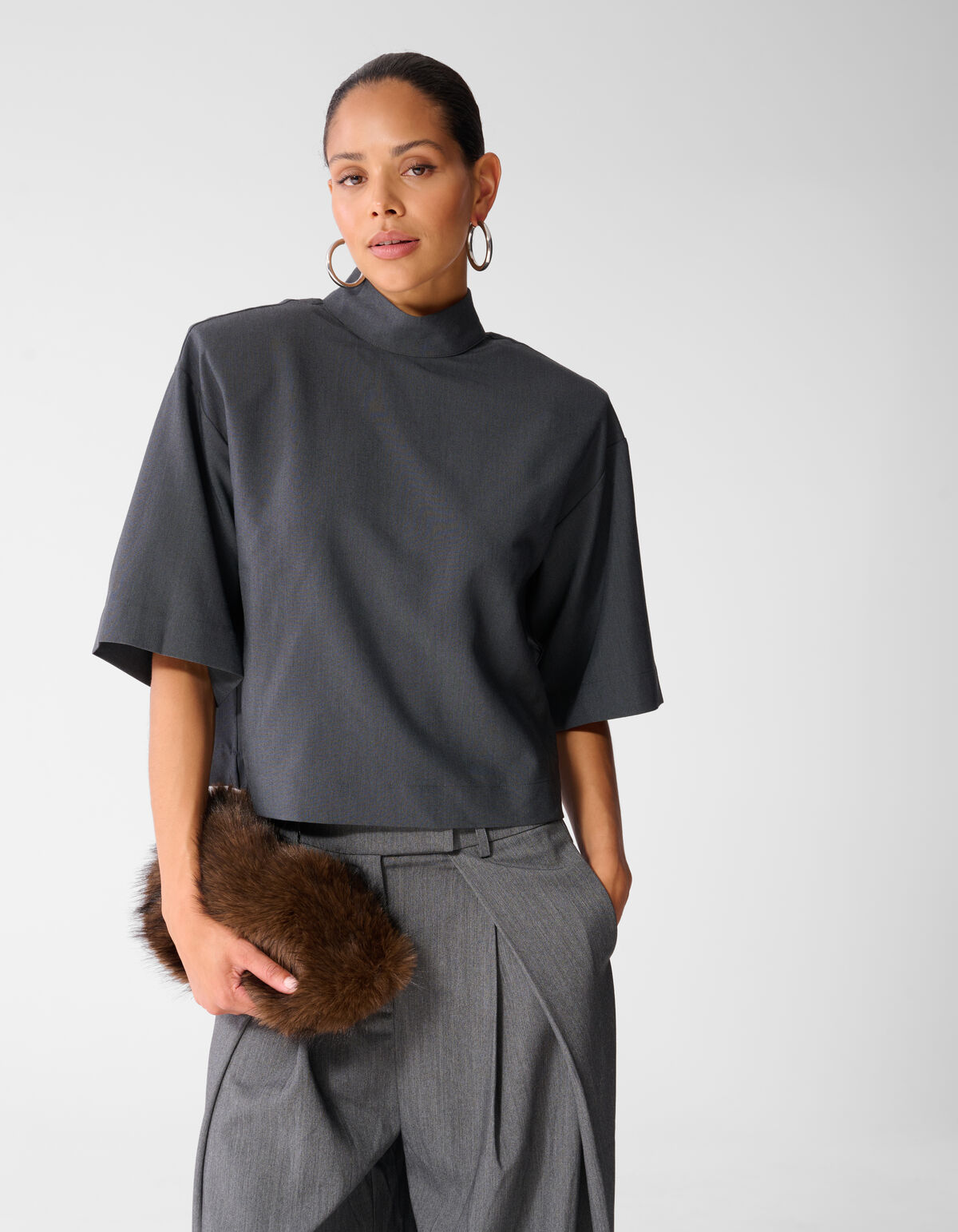 Gewebte Schulter Top Grau SHOEBY WOMEN
