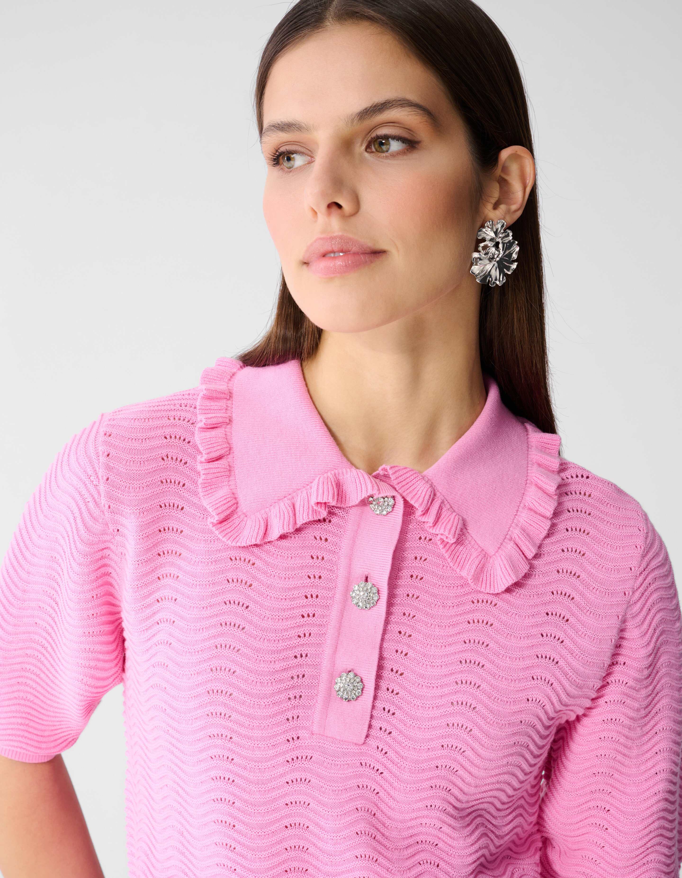 Gestricktes R&uuml;schen-Poloshirt Rosa SHOEBY WOMEN