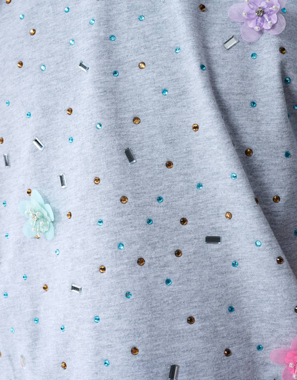Graues T-Shirt mit Strassblumenmuster SHOEBY GIRLS