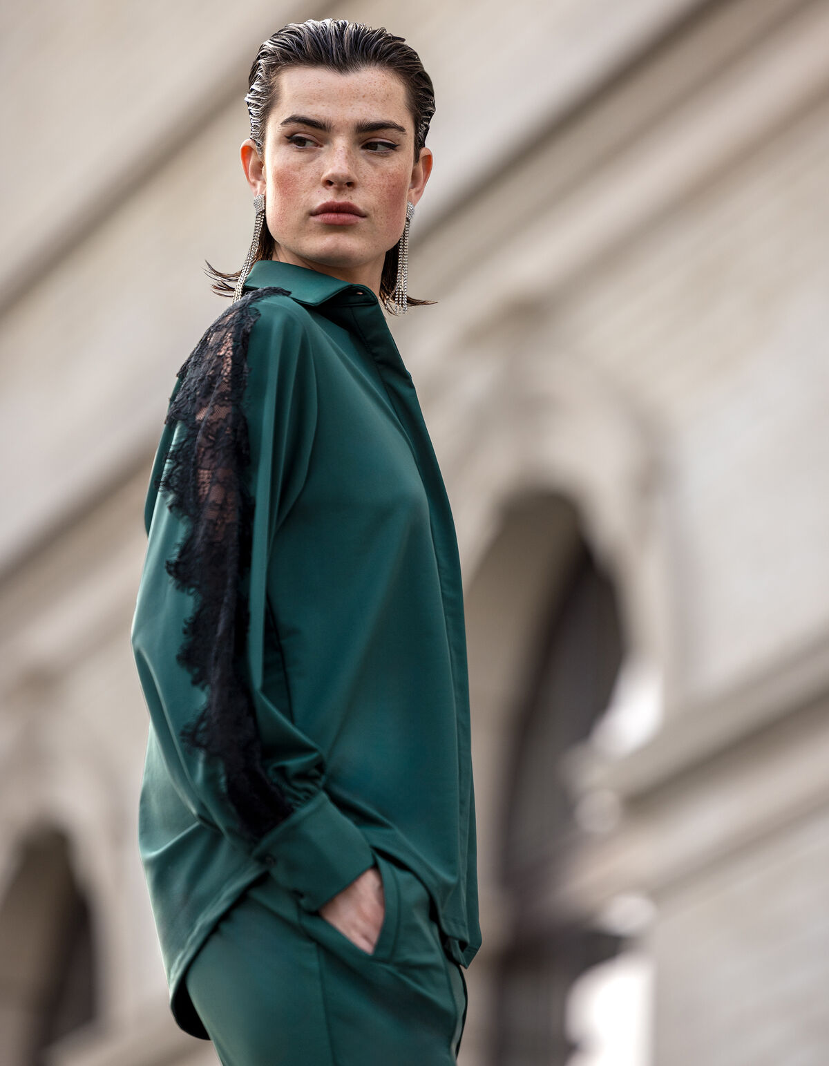 Reisebluse aus Spitze Dunkelgrün SHOEBY WOMEN