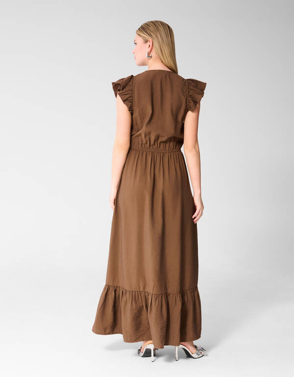 R&uuml;schen V-Ausschnitt Maxi Kleid Dunkelbraun SHOEBY WOMEN
