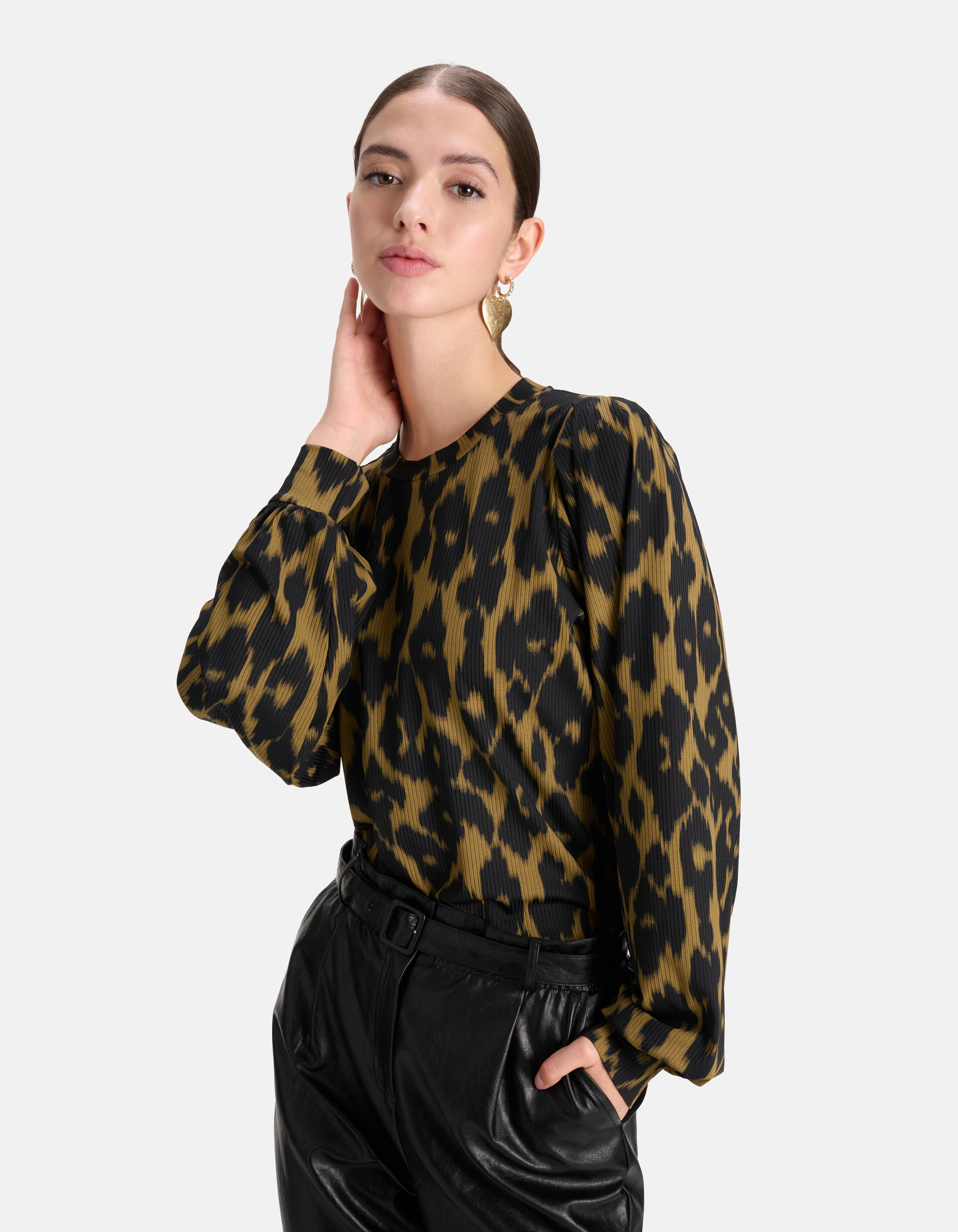 Leopard Rib T-shirt Lange Mouwen Donkergroen SHOEBY WOMEN