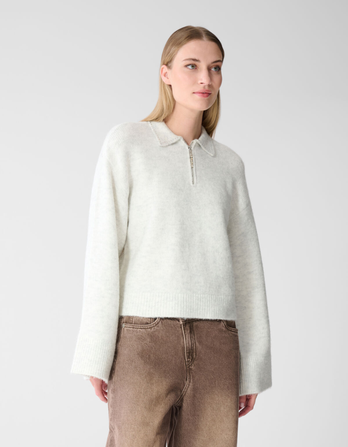 Zip Polo Strickpullover hellgrau SHOEBY WOMEN