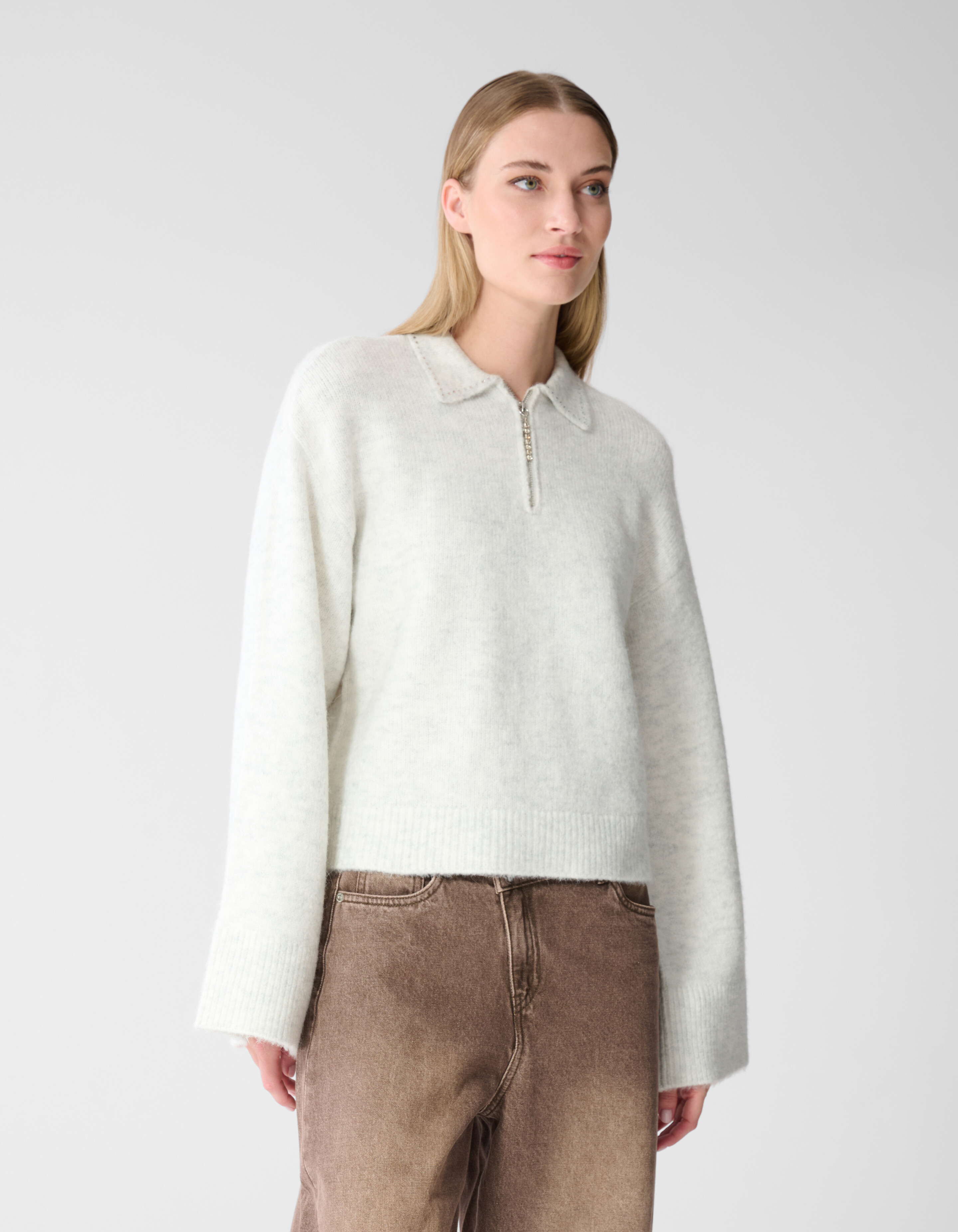 Zip Polo Strickpullover hellgrau SHOEBY WOMEN