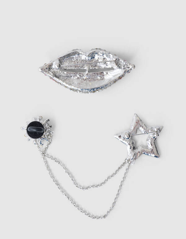 Lippen/Star Strass Broschen-Set Silber SHOEBY ACCESSOIRES