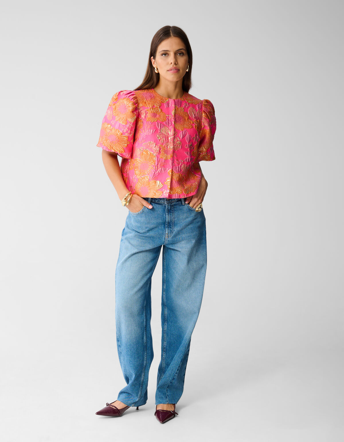 Jacquard-Blumenbluse Rosa/Orange SHOEBY WOMEN