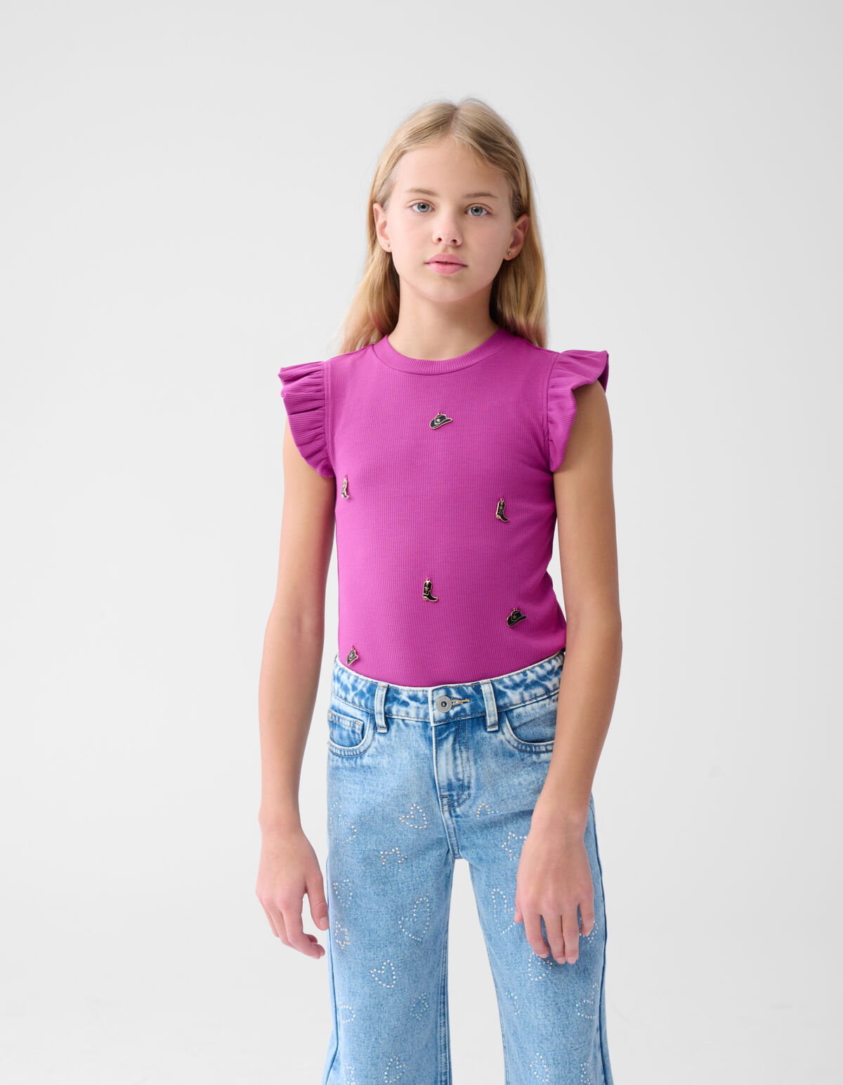 Rüschen-T-Shirt mit Charme Dunkelrosa SHOEBY GIRLS