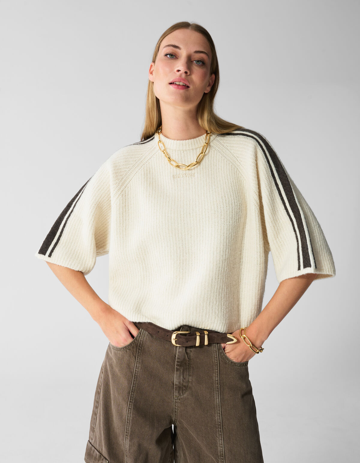 Gestreifter Pullover Mit Halblangen &Auml;rmeln Ecru SHOEBY WOMEN