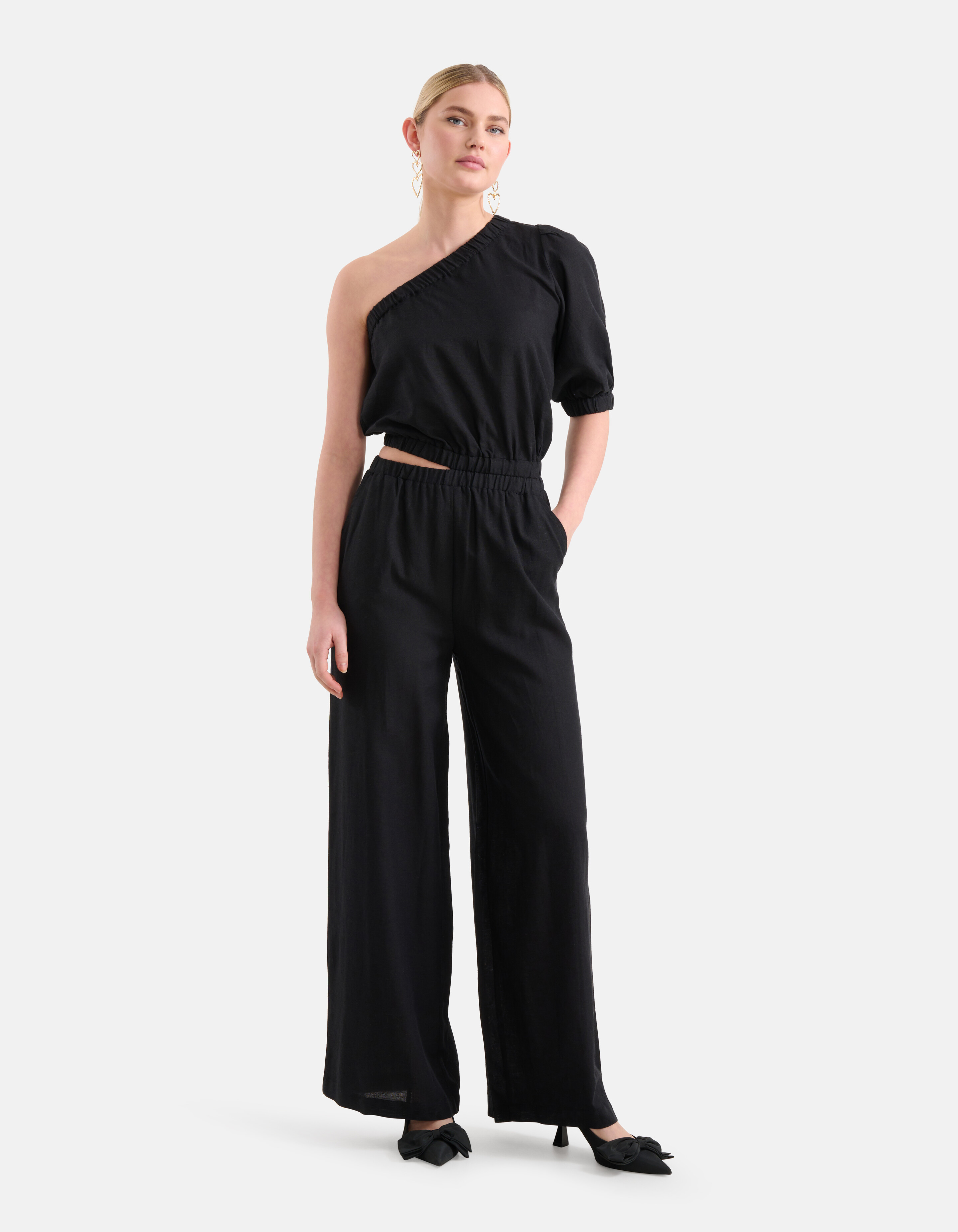 Linnen One Shoulder Jumpsuit Zwart SHOEBY WOMEN