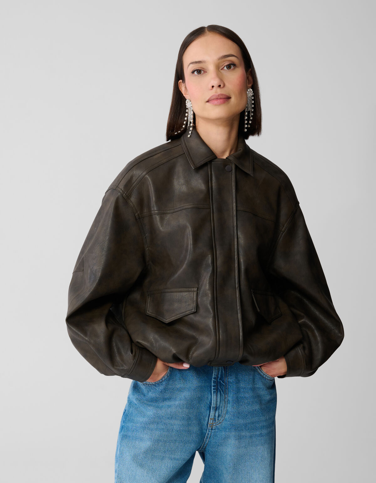 Washed Vegan Leder Bomberjacke Braun SHOEBY WOMEN