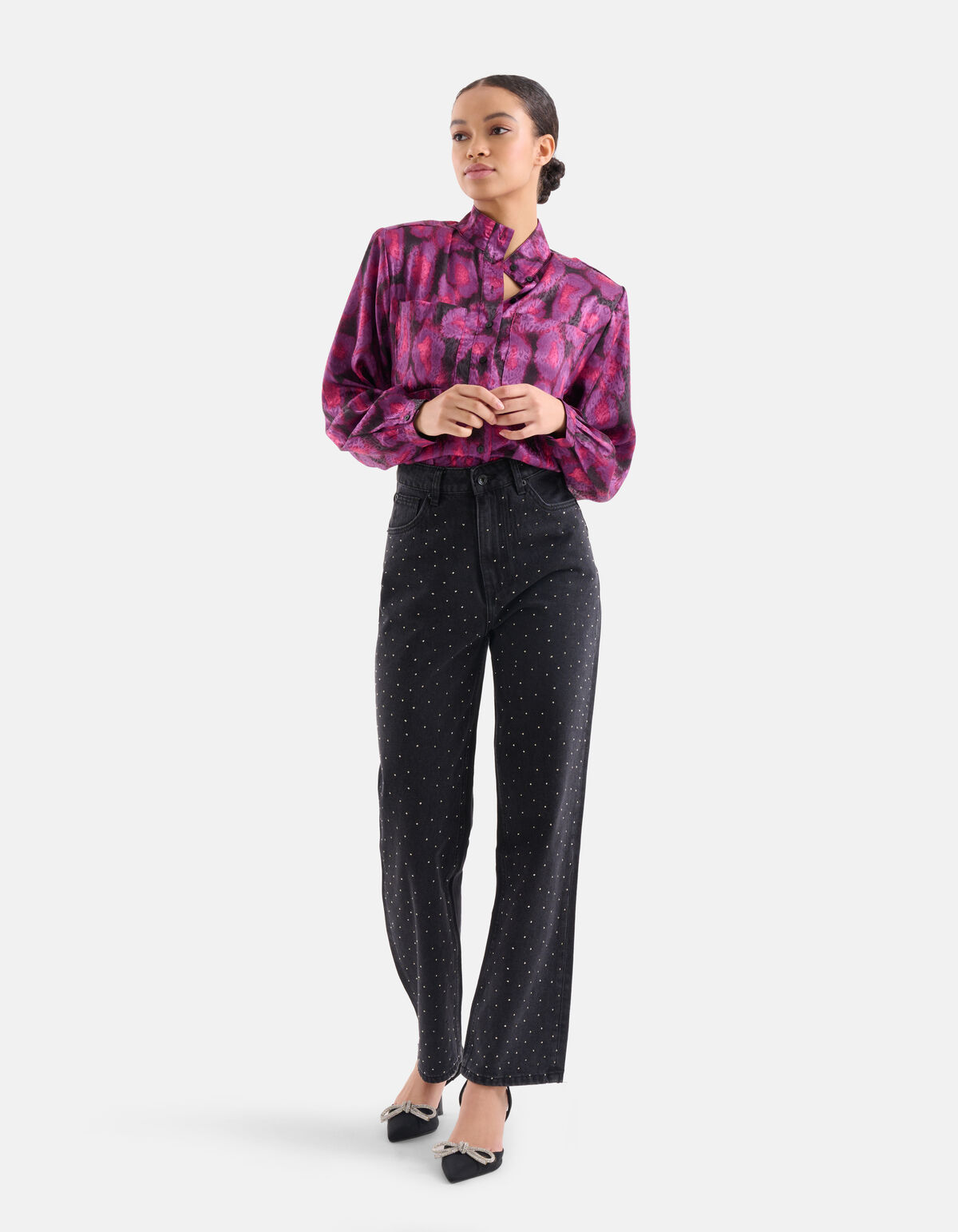 Satin Bluse mit Schulterpolster Violett EKSEPT