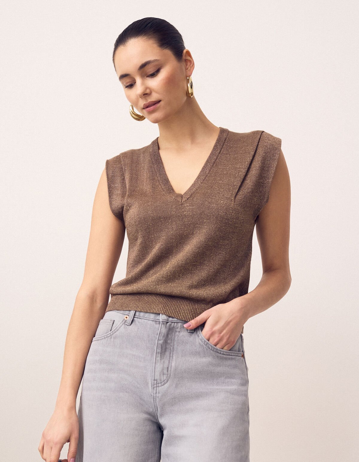 Glitzer-V-Ausschnitt-Top Braun SHOEBY WOMEN