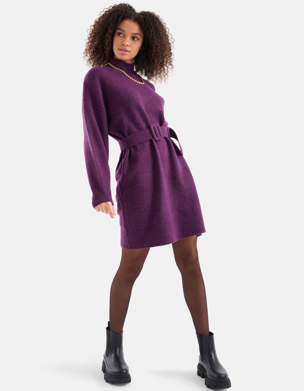 Pulloverkleid mit Gürtel Dunkellila SHOEBY WOMEN