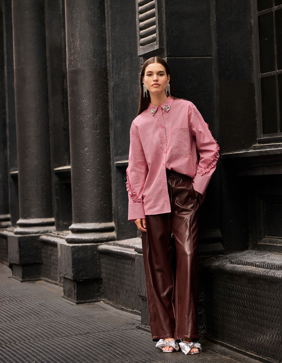 Veganes Leder Weite Beinen Hose Dunkelrot SHOEBY WOMEN