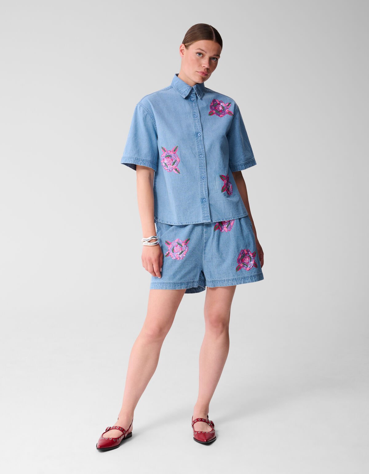 Übergroße Bluse aus Denim mit Pailletten Blau SHOEBY WOMEN