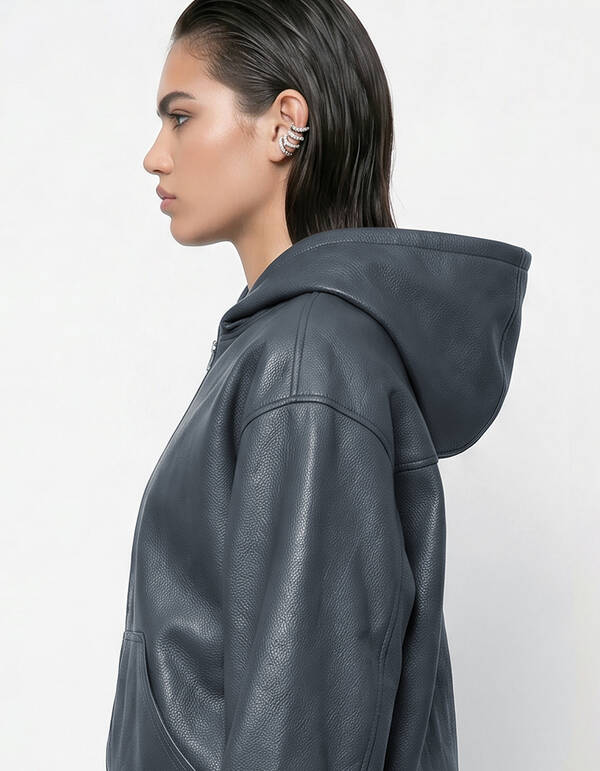 Vegan Leren Hooded Bomber Donkergrijs SHOEBY WOMEN