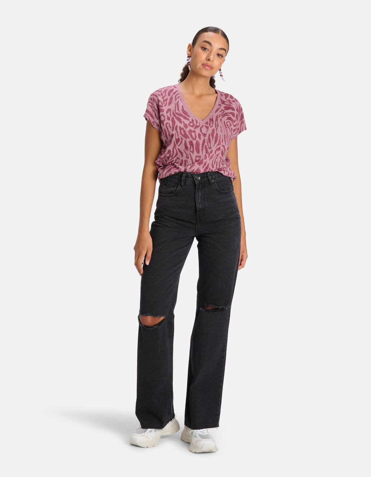Leopardenmuster-T-Shirt mit V-Ausschnitt Lila SHOEBY WOMEN