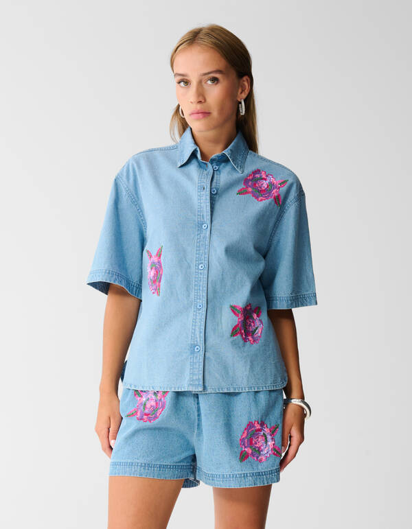 Übergroße Bluse aus Denim mit Pailletten Blau SHOEBY WOMEN