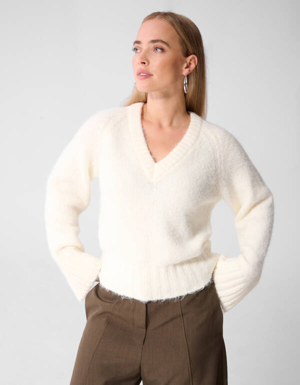 Oversized V-Ausschnitt Strickpullover Wei&szlig; SHOEBY WOMEN