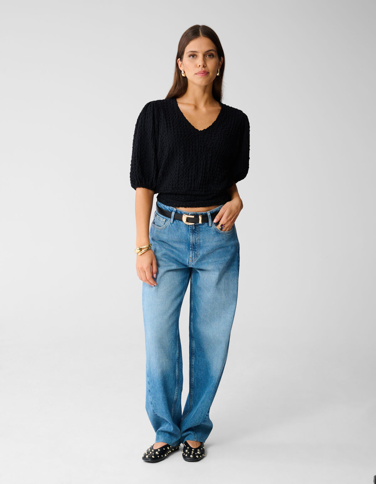 Tailliertes Crinkle Top Schwarz SHOEBY WOMEN