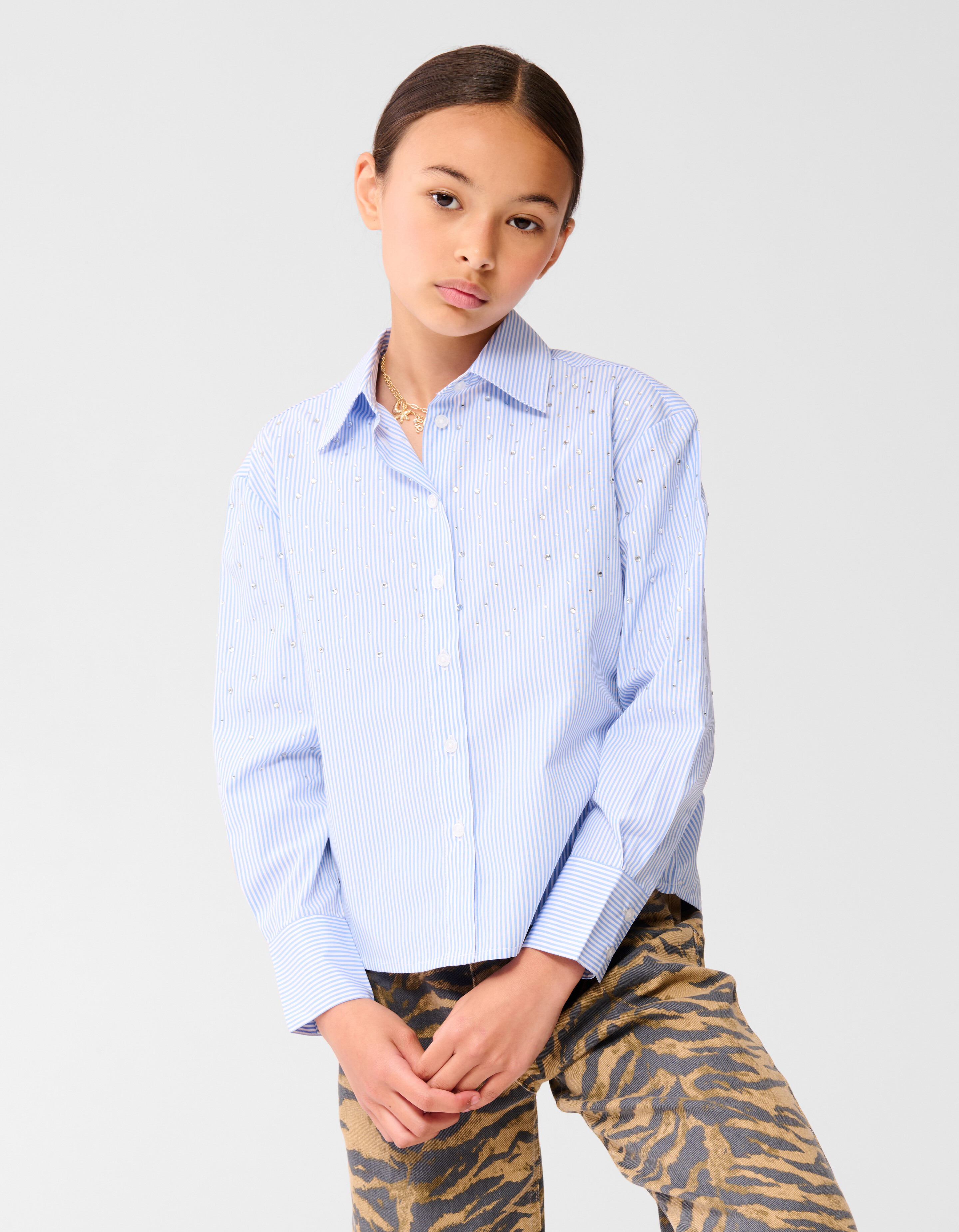 Gestreifte Strass Bluse Himmelblau SHOEBY GIRLS
