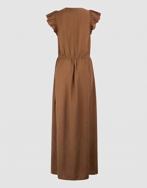 R&uuml;schen V-Ausschnitt Maxi Kleid Dunkelbraun SHOEBY WOMEN