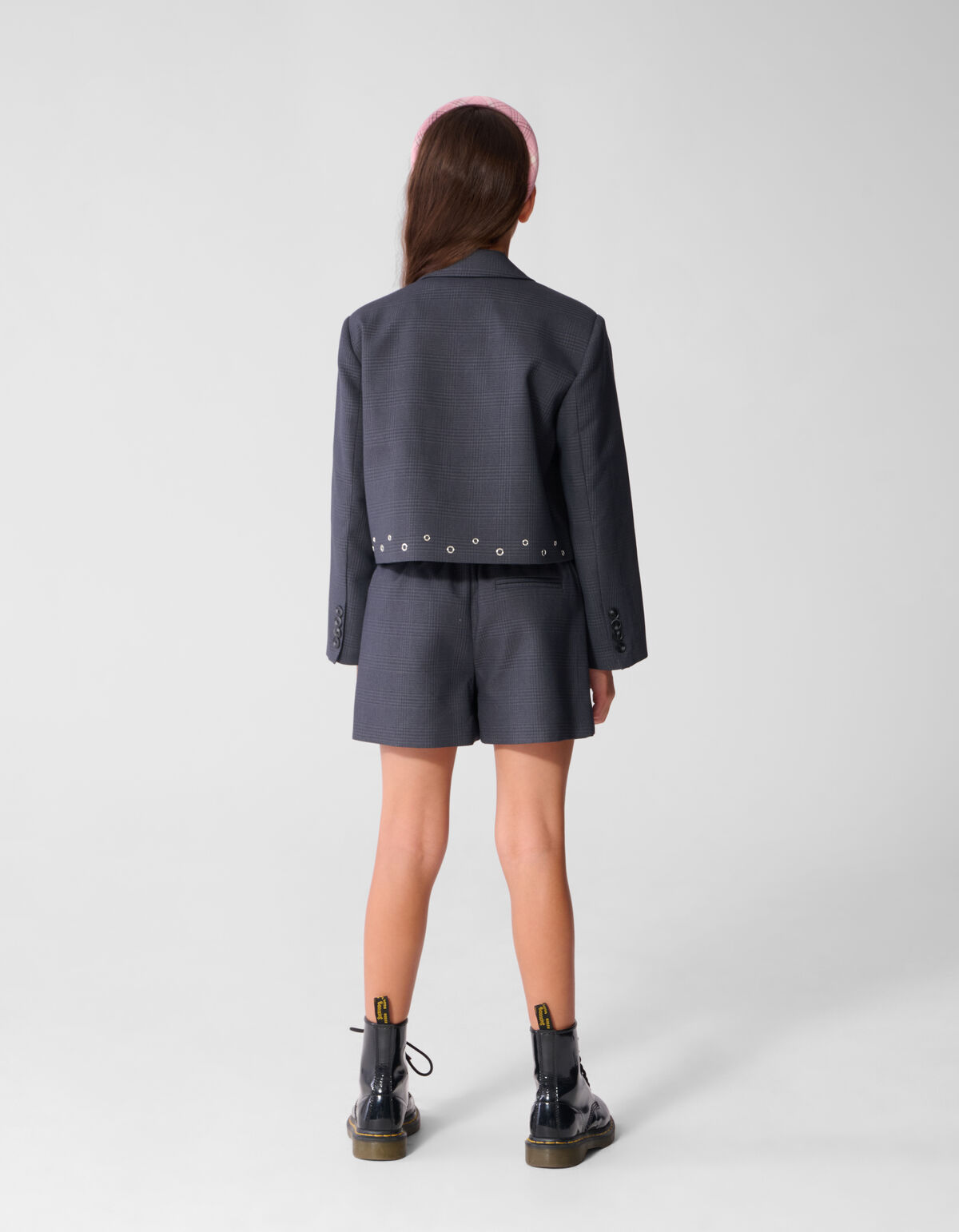 Cropped Karierter Eyelet Blazer Dunkelgrau SHOEBY GIRLS