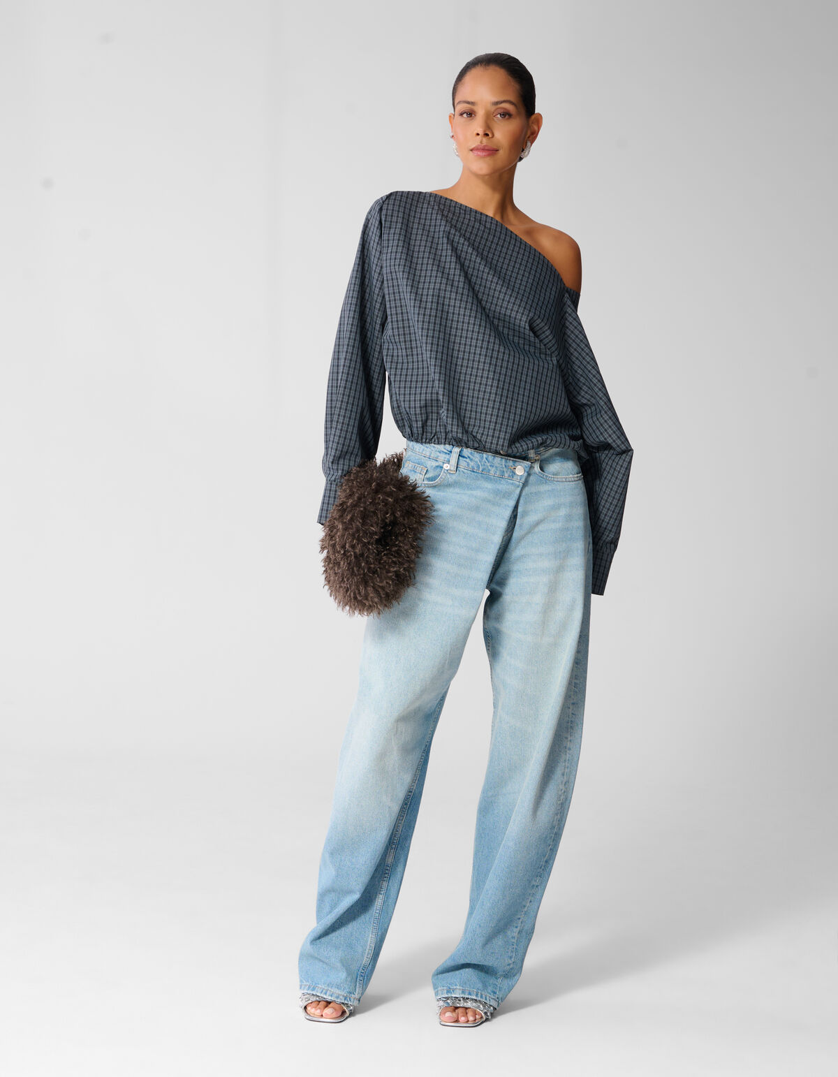 Karierte Off Shoulder Bluse Dunkelgrau SHOEBY WOMEN