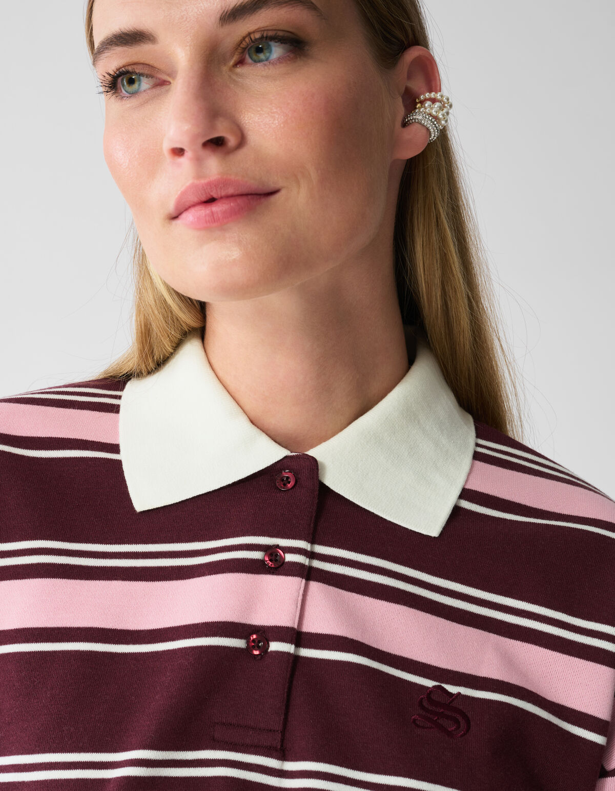 Gestreiftes Polo Longsleeve dunkelrot SHOEBY WOMEN