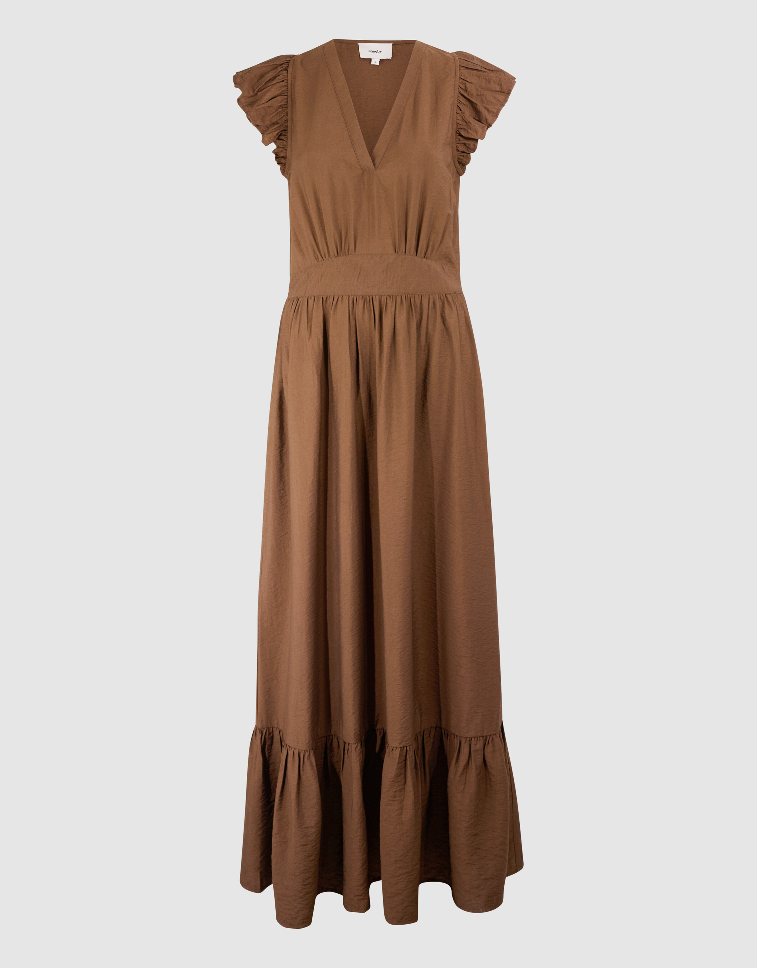R&uuml;schen V-Ausschnitt Maxi Kleid Dunkelbraun SHOEBY WOMEN