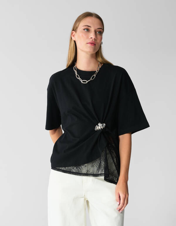 T-Shirt mit Spitzeneinsatz Schwarz SHOEBY WOMEN