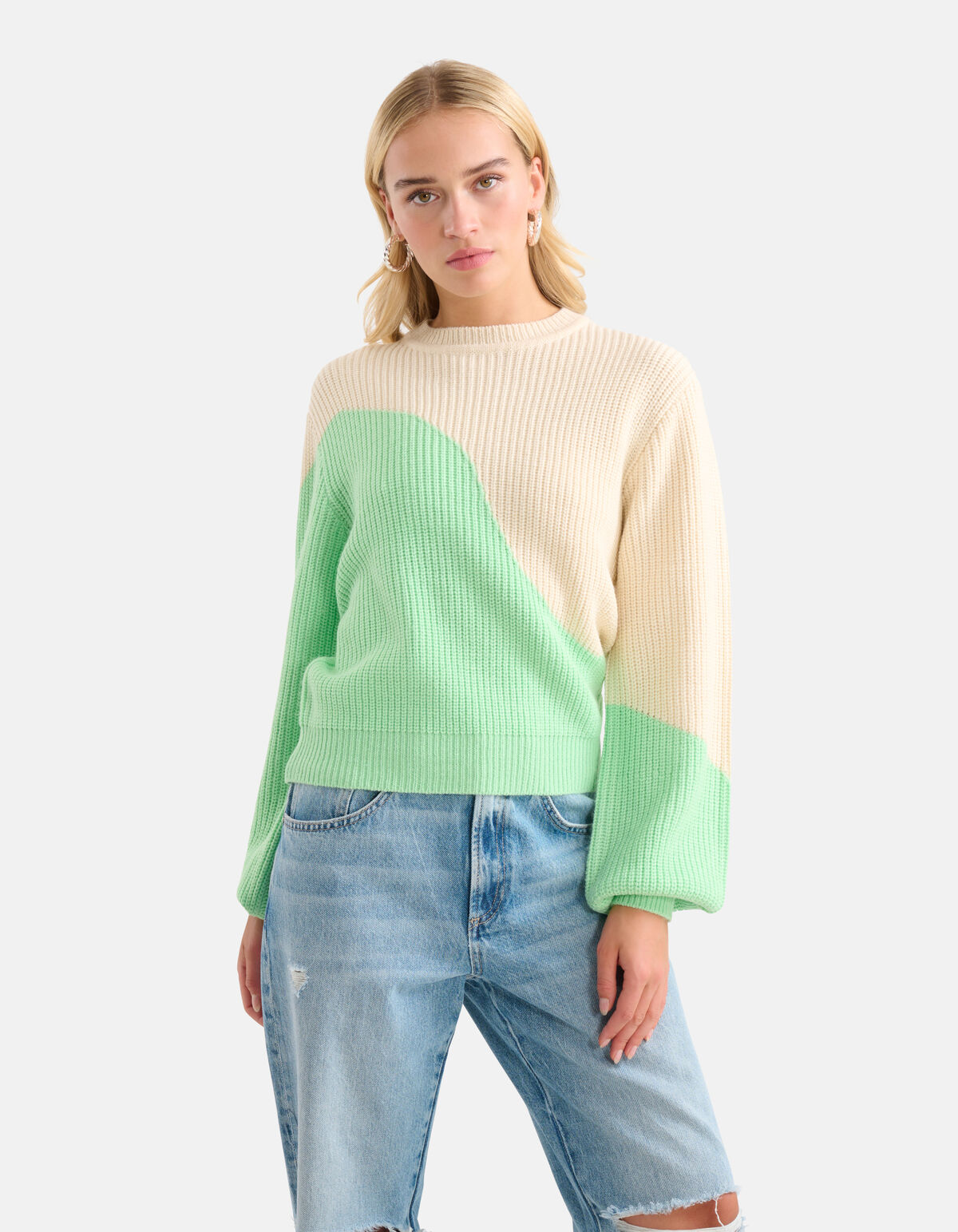 Colorblock Trui Gebroken Wit/Lichtgroen SHOEBY WOMEN