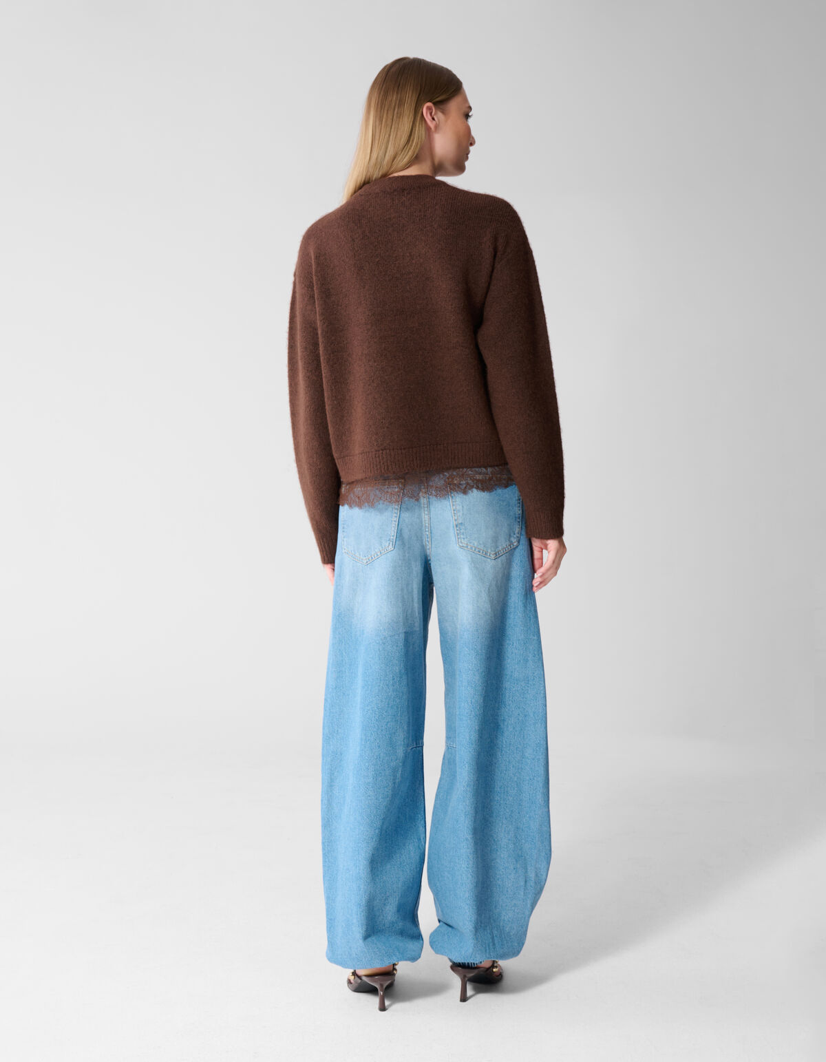 Strickpullover mit Spitzenbesatz dunkelbraun SHOEBY WOMEN