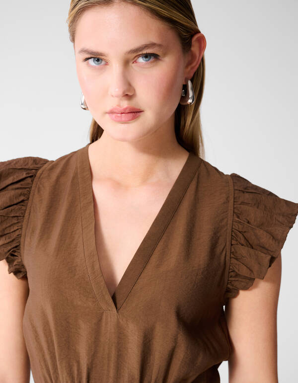 R&uuml;schen V-Ausschnitt Maxi Kleid Dunkelbraun SHOEBY WOMEN