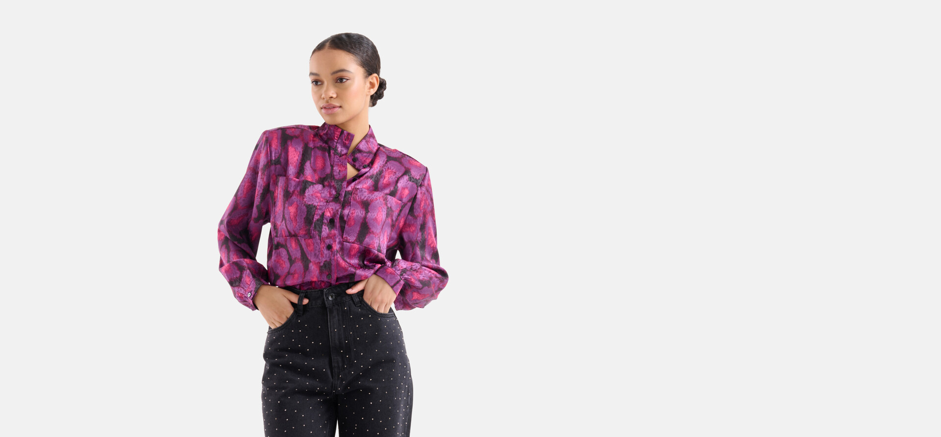 Satin Bluse mit Schulterpolster Violett EKSEPT