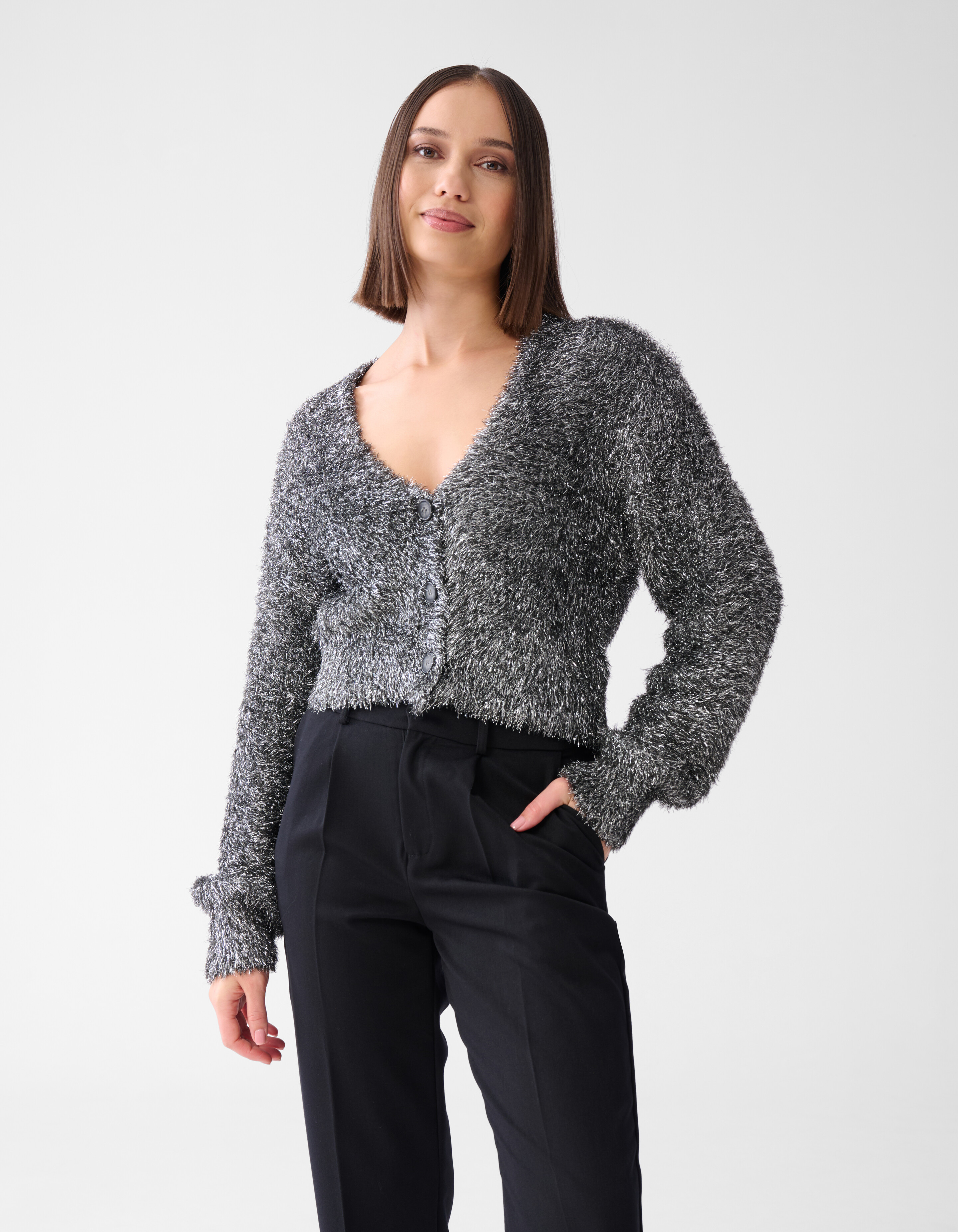 Flauschige Strickjacke Silber SHOEBY WOMEN