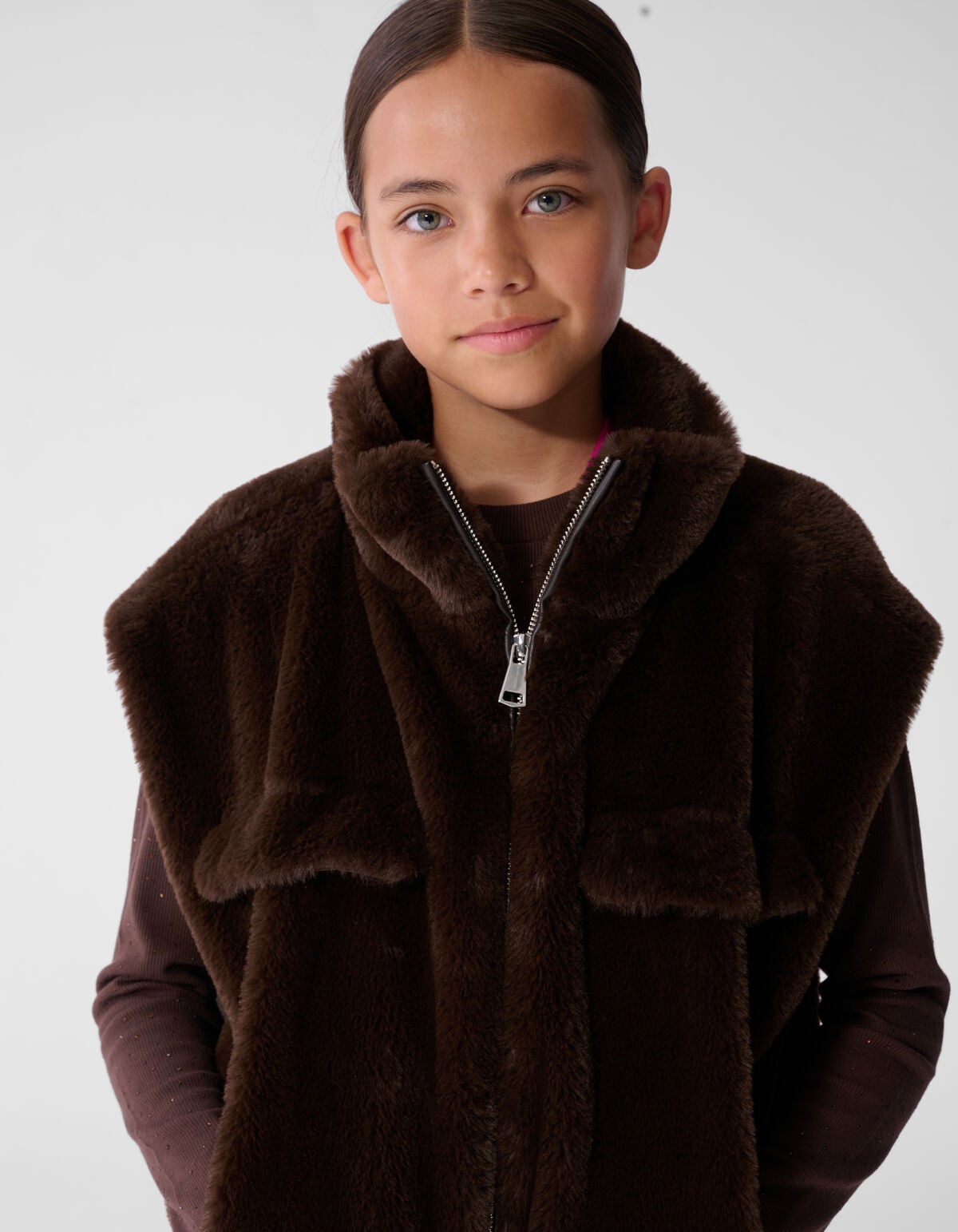 Faux Fur Cargo Gilet Donkerbruin SHOEBY GIRLS